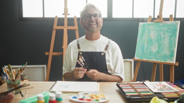 Man painter in studio wearing apron holds paintbrushes and gestures over sketchpad and palette by easel under window light; serene creativity.