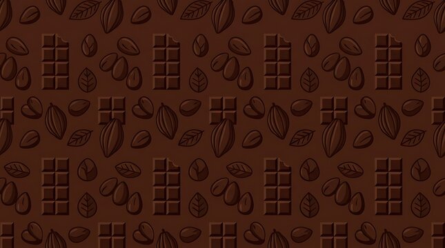 Dark chocolate seamless background with cocoa beans and bars