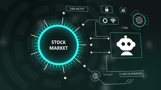AI stock market trading bot dashboard with holographic financial data and algorithmic analysis interface for fintech technology