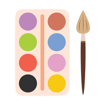 watercolor paint palette with brush, flat style