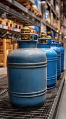 Obraz premium Close up view of blue gas cylinders stored on metal shelving in an industrial warehouse interior