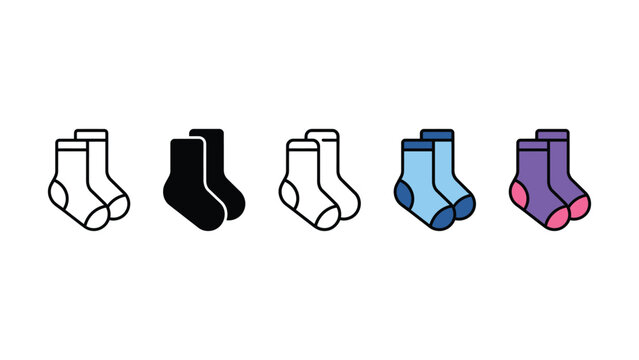 Various colorful sock icons in different styles and colors on white background