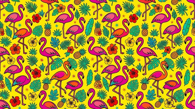 Vibrant seamless tropical pattern with pink flamingos and pineapples