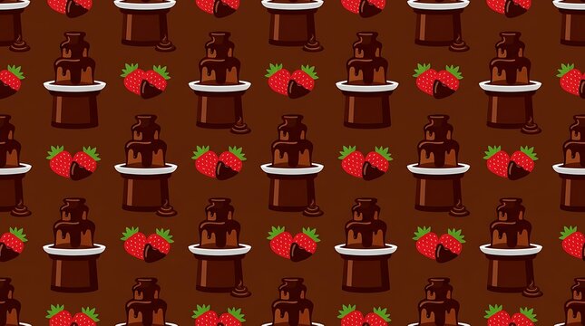 Seamless pattern of chocolate fountains and dipped strawberries