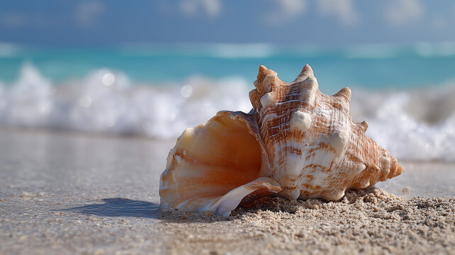 A conch shell predominantly light brown and white, is the central focus of this eye level, horizontal outdoor photograph. it lies on a sandy beach. Ai generated
