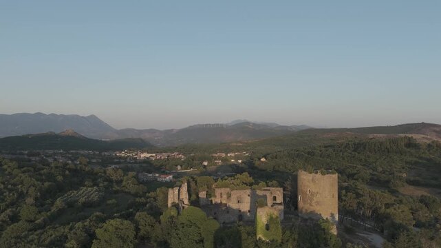 Aerial Drone View of Casertavecchia Castle and Medieval Village at Sunset, Italy