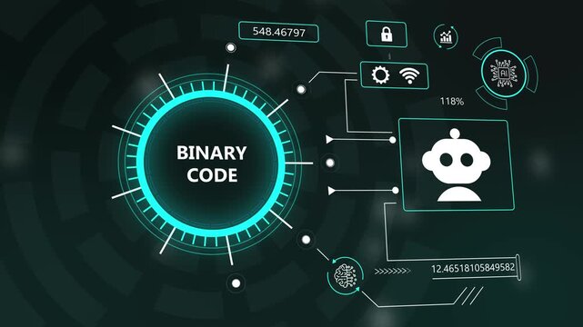 Digital AI interface HUD with robot icon and binary code data analytics for futuristic security themes.