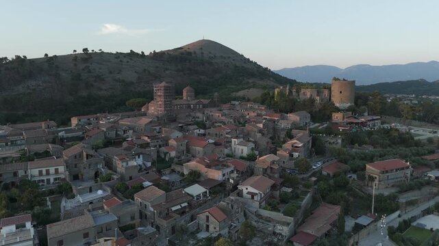 Aerial Drone View of Casertavecchia Castle and Medieval Village at Sunset, Italy