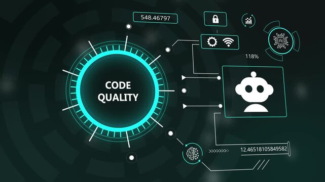 Code Quality Assurance Dashboard with Artificial Intelligence and Cybersecurity Elements. Futuristic UI Displaying Software Development Metrics, Robotics, and Data Analytics for Digital Transformation