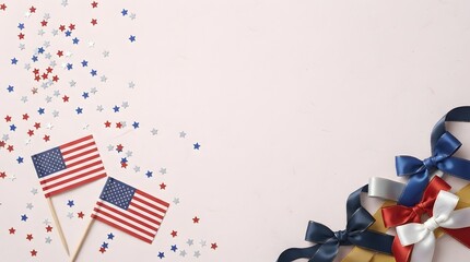 Obraz premium Labor day celebration american flags ribbons and star confetti on pink background