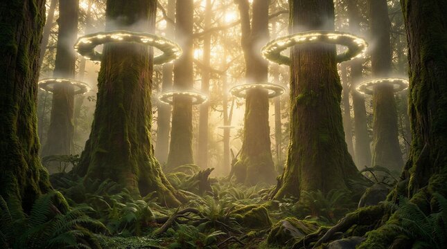 Surreal concept art of alien technology or magical energy rings in a misty dense forest