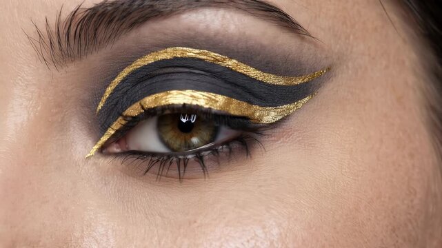 Close up tracking shot of woman's eye with layered gold and black graphic eyeliner shifting gaze in studio beauty portrait under soft evening lighting