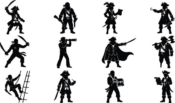Black and White Pirate Silhouette Icon Set Featuring Captains Holding Swords Maps Treasure Chest Spyglass Hook and Historical Sailor Characters