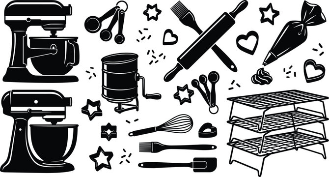 Baking and pastry cooking tools vector icon set with black silhouettes of stand mixer rolling pin whisk cooling rack sifter piping bag measuring spoons