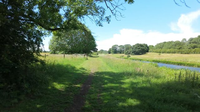 Ferry Meadows Country Park, Peterborough, Cambridgeshire, England, UK - June 09 2026: PoV, gimbal, Walking sequence - Out from under the tree canopy into brilliant sunshine by the river nene
