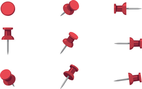 Art & IllustrationRed Push Pin and Thumbtack Vector Icon Set with Various Angles and Perspectives for Office Stationary Board Notices and Map Location Marking