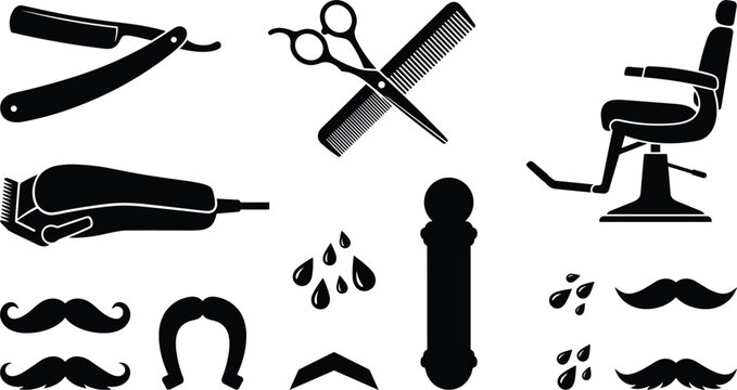 Barber shop and men grooming salon accessories vector icon set with black silhouettes of barber chair clippers scissors comb straight razor pole mustache