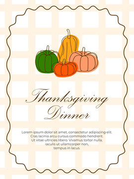 Modern Thanksgiving dinner invitation template with colorful outline pumpkins and plaid background