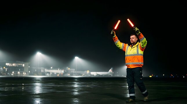 Airport ground crew member signaling airplane at night on runway tarmac