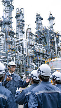 Industrial manager conducting a morning safety briefing with a team of factory workers outside a massive oil refinery plant