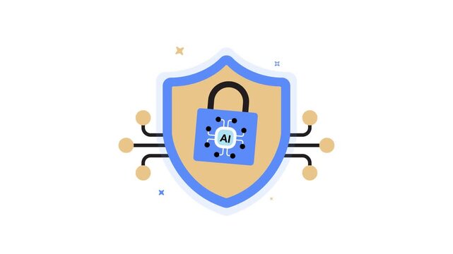 A blue and yellow shield with a padlock on it, representing ai security and protection isolated on white background doodle animated 4k stock video