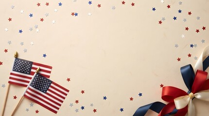 Obraz premium Labor day celebration american flags confetti and ribbon on beige background