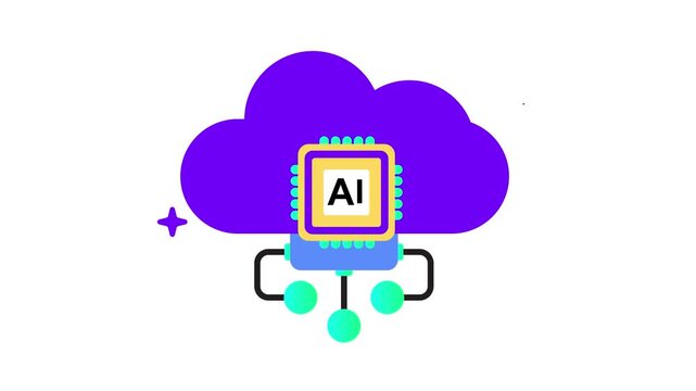 A colorful illustration of a purple cloud with a microchip and ai label on a white background doodle animated 4k stock video