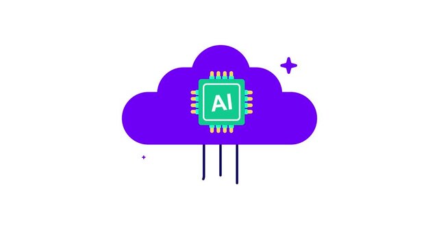 A purple cloud with a green microchip and the letters ai on it, representing artificial intelligence and cloud computing technology on isolated white background doodle animated 4k stock video