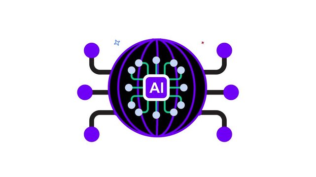 A futuristic ai logo with purple and green lines on a black circle with white dots and a white background doodle animated 4k stock video