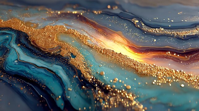 Fluid abstract marble texture with swirling deep blue and teal colors and gold glitter