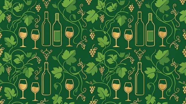 Seamless wine pattern with golden bottles and grape vines on green