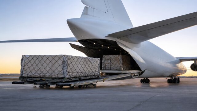 Cargo is loaded into a large aircraft at an airport during early morning hours