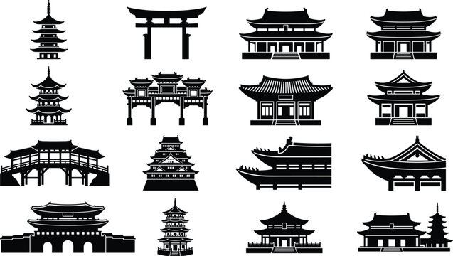 Traditional Asian Architecture Silhouette Vector Icon Set with Japanese Torii Gate Pagoda Chinese Temple and Landmark Building Designs for Graphic Projects