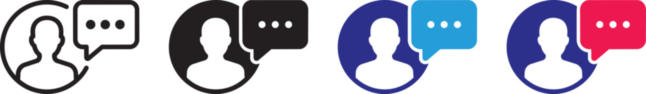 User chat icon set, profile avatar with speech bubble symbol for communication, support, and messaging vector