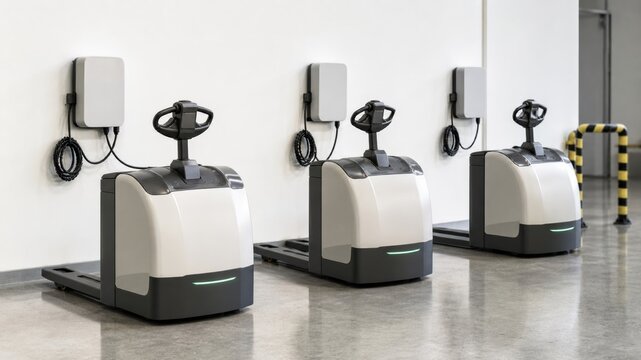 Electric pallet jacks lined up for charging in a warehouse setting