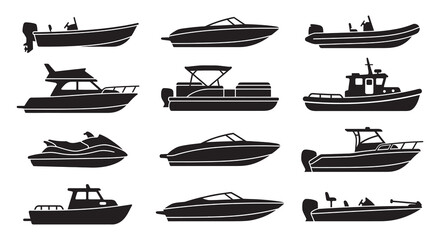 Collection Of Boat Silhouettes In Black Vector Style Silhouette © MdMosharef