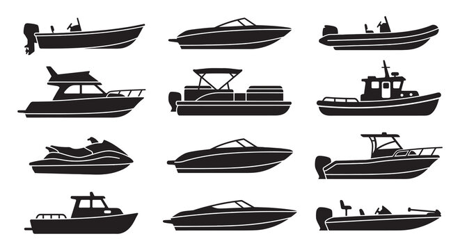 Collection Of Boat Silhouettes In Black Vector Style Silhouette