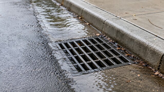 Storm drain overflow street flooding and water runoff after rainfall
