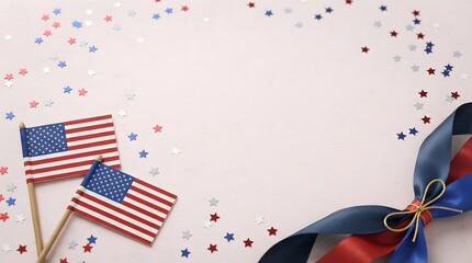 Obraz premium Labor day celebration american flags ribbons and confetti on white background