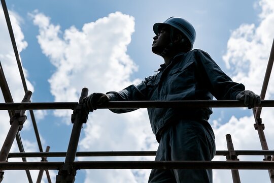 工事現場の足場に立つ作業員青空見上げ未来への希望を胸に