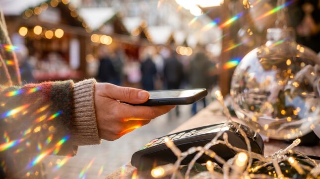 Hand holding smartphone at payment terminal near glass Christmas ornament at holiday market