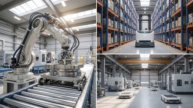 Industrial robots, autonomous vehicles optimize factory logistics