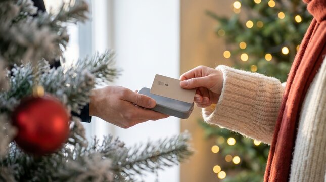 Two hands exchanging contactless card payment between decorated Christmas trees indoors