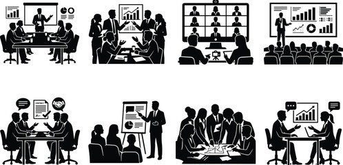 Fototapeta premium Business Presentation and Corporate Meeting Silhouette Icon Set for Office Training and Team Collaboration Concepts
