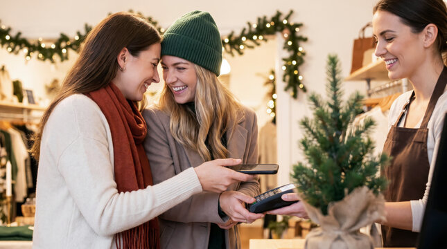 Two women making mobile contactless payment to smiling vendor in festive boutique store