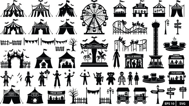 Halloween carnival silhouettes, spooky circus tents, creepy amusement park rides, gothic fairground icons, scary design elements, vector illustration, SVG, EPS,