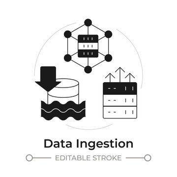Data ingestion modern flat line concept icon. Enterprise cloud architecture solutions. Digital transformation strategy. Solid and outline vector illustration. Round black and white design