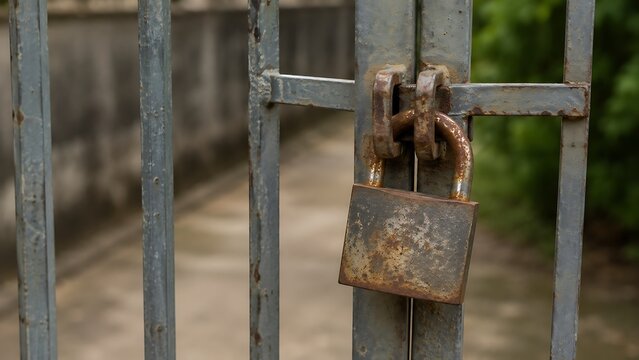 Rusty padlock securing a metal gate security and deterrence concept
