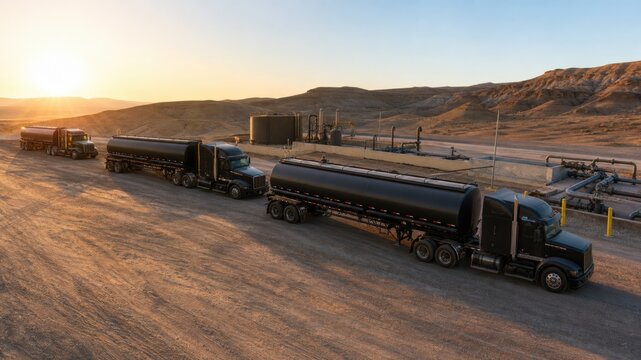 Trucks loading at an oil site in the late afternoon sun on a clear day