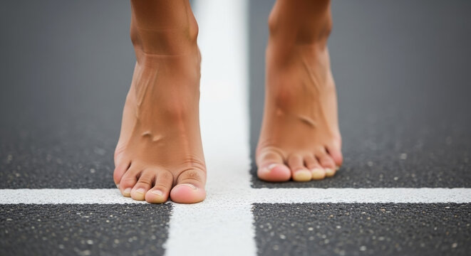 Close-up of bare feet walking on asphalt road. Person stepping on white painted lines on the street. Unconventional journey and freedom concept